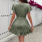 Summer French High Waist Floral Tie-neck V-neck Short Sleeve Dress
