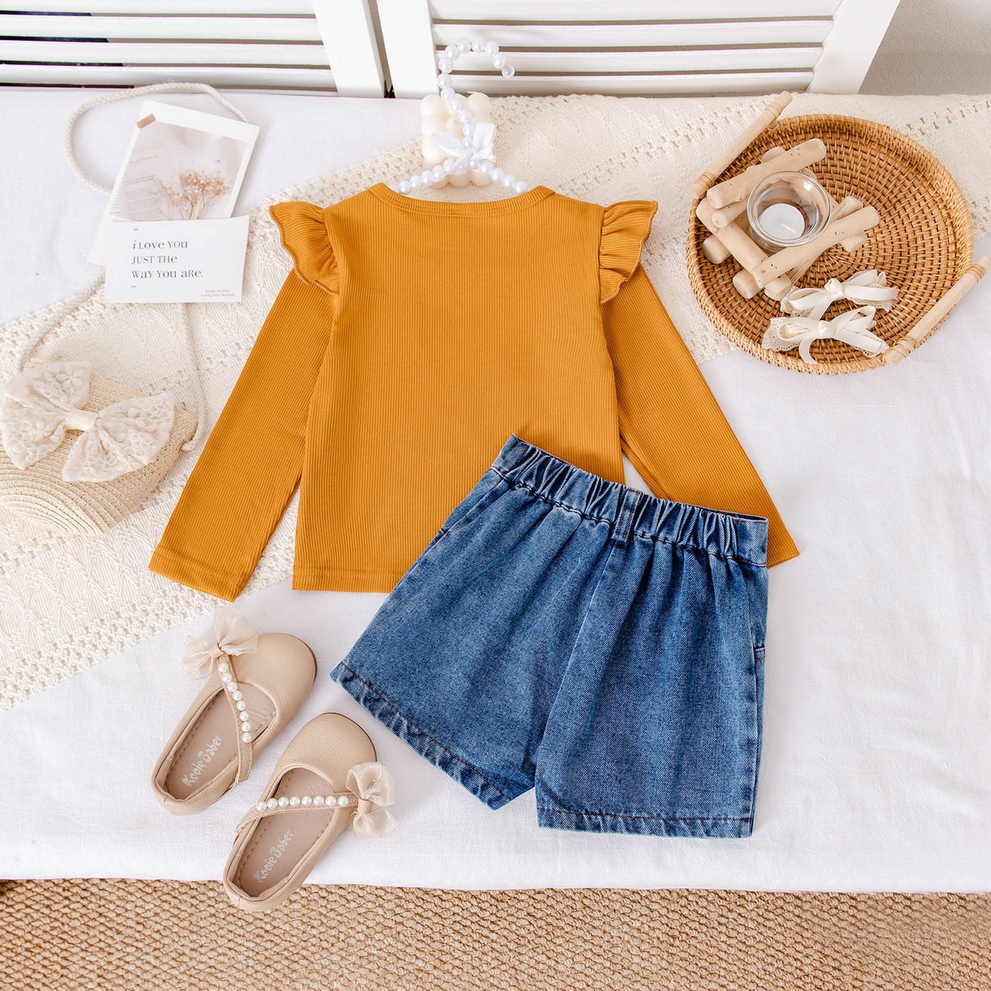 Flower Embroidered Denim Shorts Set Two-piece