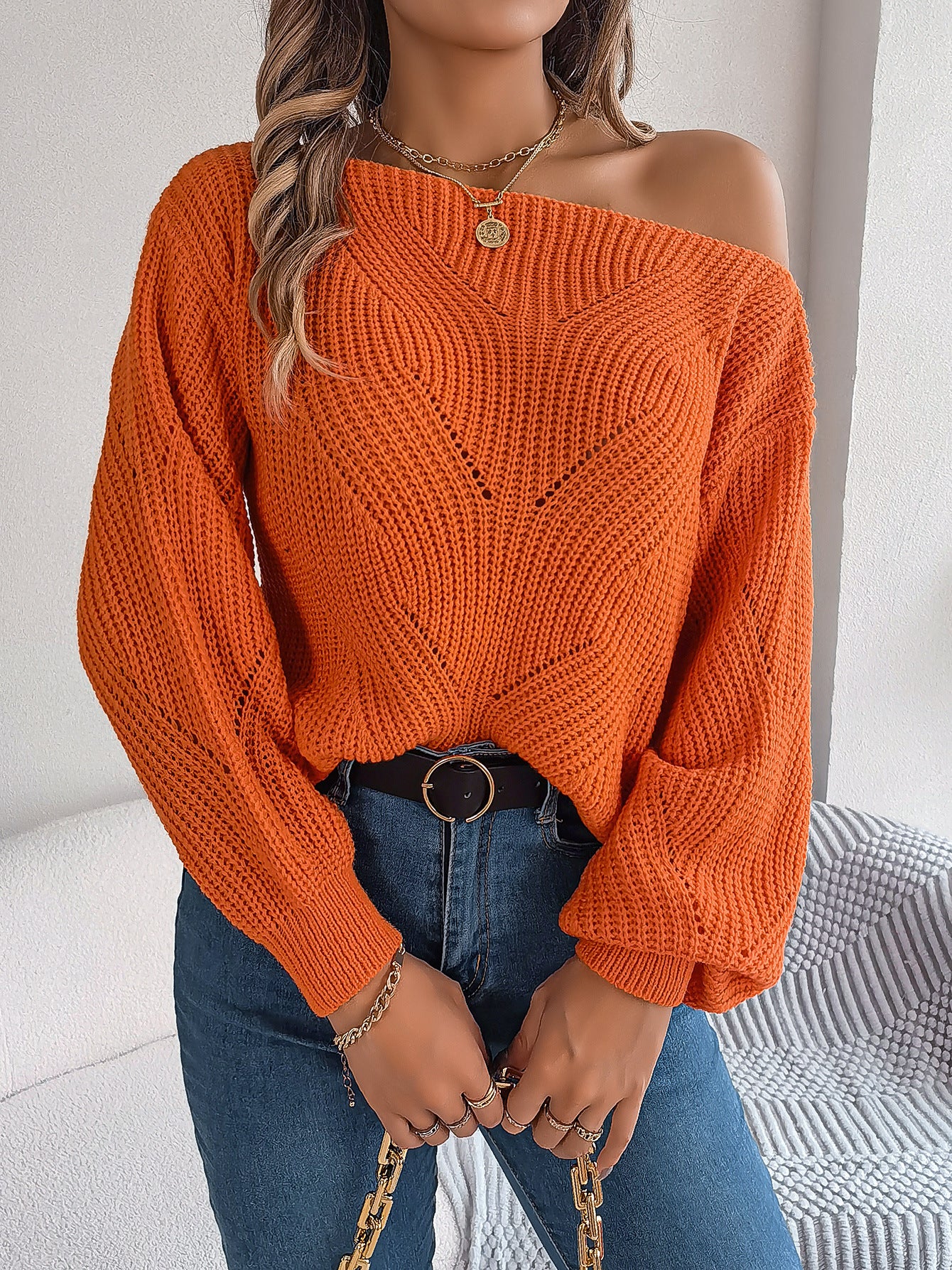 Pull décontracté à manches lanternes et col rond