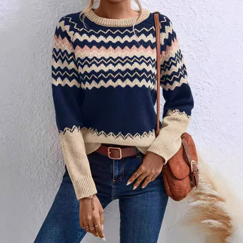 Pull à col rond pour femme, style européen et américain, tricot classique à rayures assorties
