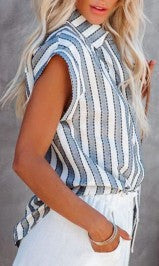 Short Sleeve Striped Women's Loose Single Breasted Shirt