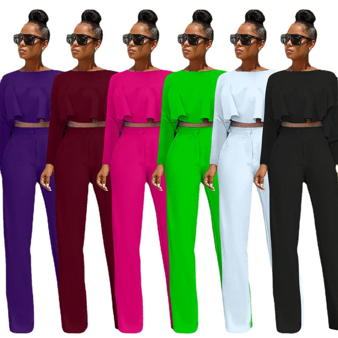 Ensemble deux pièces pantalon large taille haute à manches longues et ajouré de couleur unie