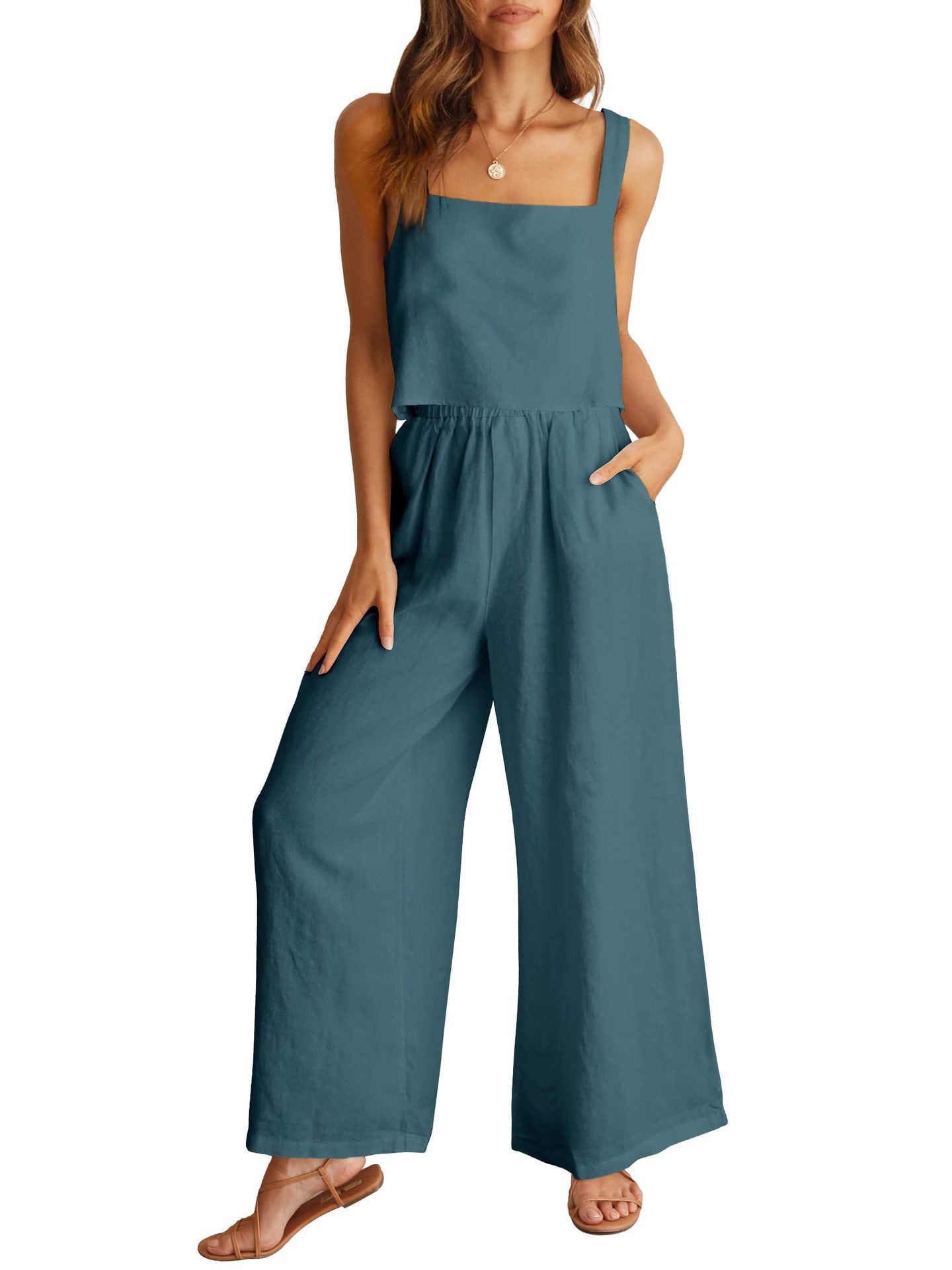 Ensemble décontracté sans manches, caraco, pantalon large