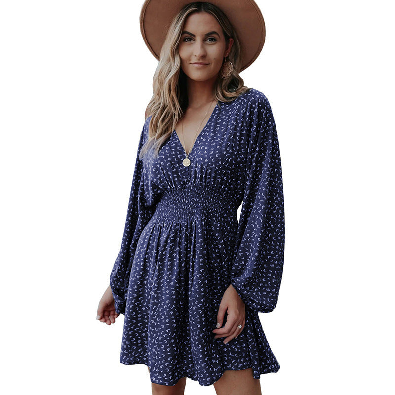Robe à manches longues à imprimé pois, col en V, manches lanternes, taille plissée, coupe trapèze, vêtements pour femmes