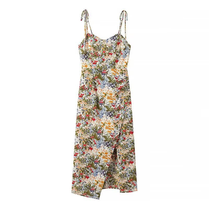 Women's Vacation Style Printed Tie-front Slit Dress