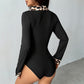 Long-sleeve Patchwork Leopard-print Mock-neck Knit Bodysuit