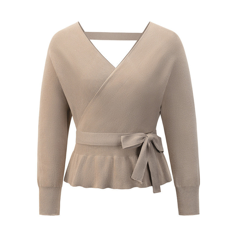 Ladies Autumn Winter Short Pullover V-Neck Knitted Top