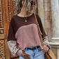 Contrasting Color Stitching Waffle Round Neck Long-sleeved Blouse Women