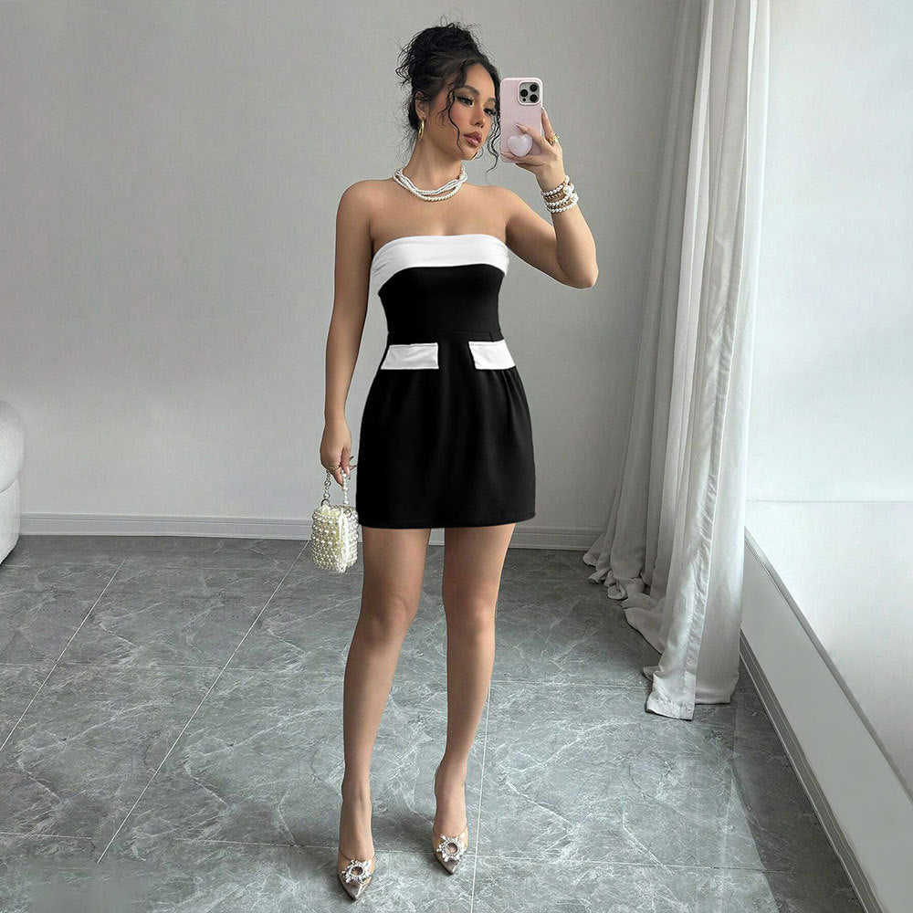 Socialite Style Dress Summer One-shoulder Bustier Color-blocked Mini Skirt