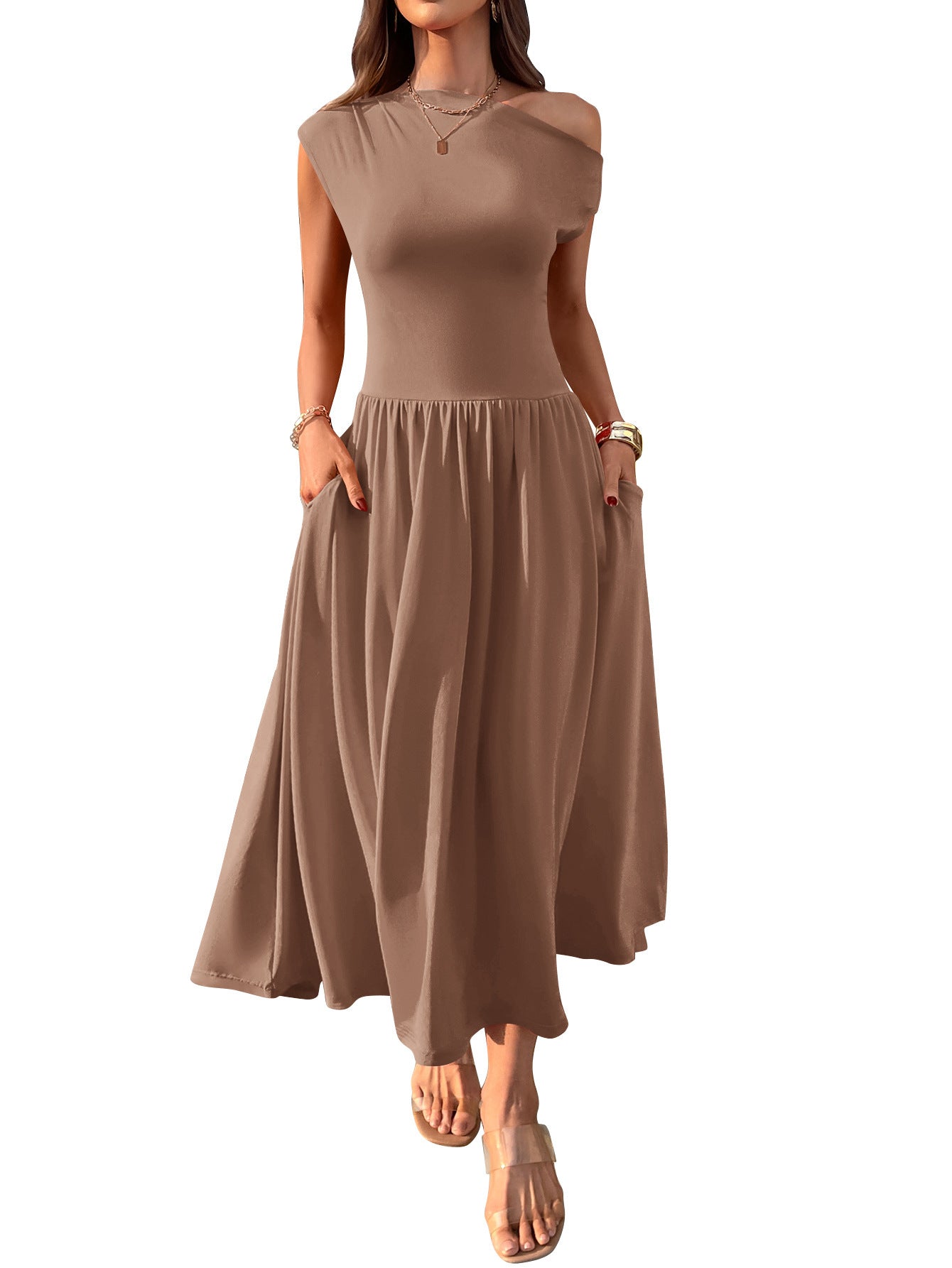Slant Shoulder Waist Trimming Long With Pocket Dress