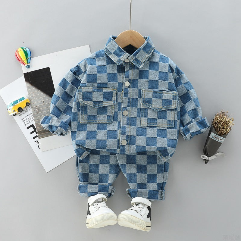 Combinaison à carreaux avec double poche et revers, pantalon à manches longues et salopette pour enfant