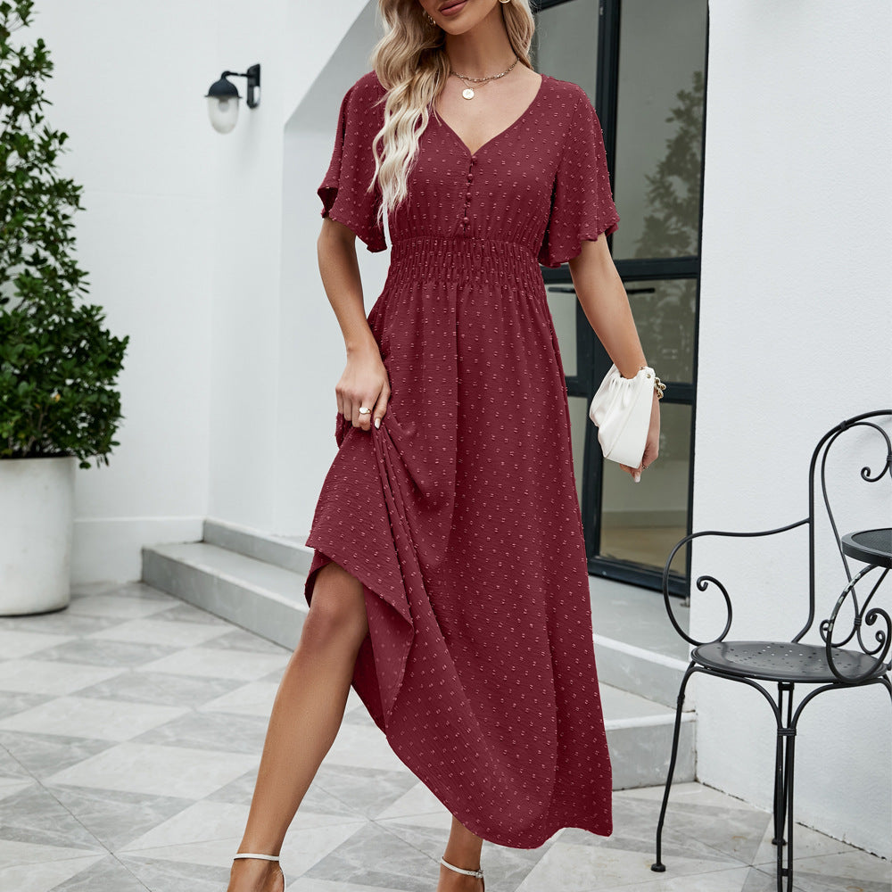 Robe trapèze ample à manches courtes et col en V pour femme