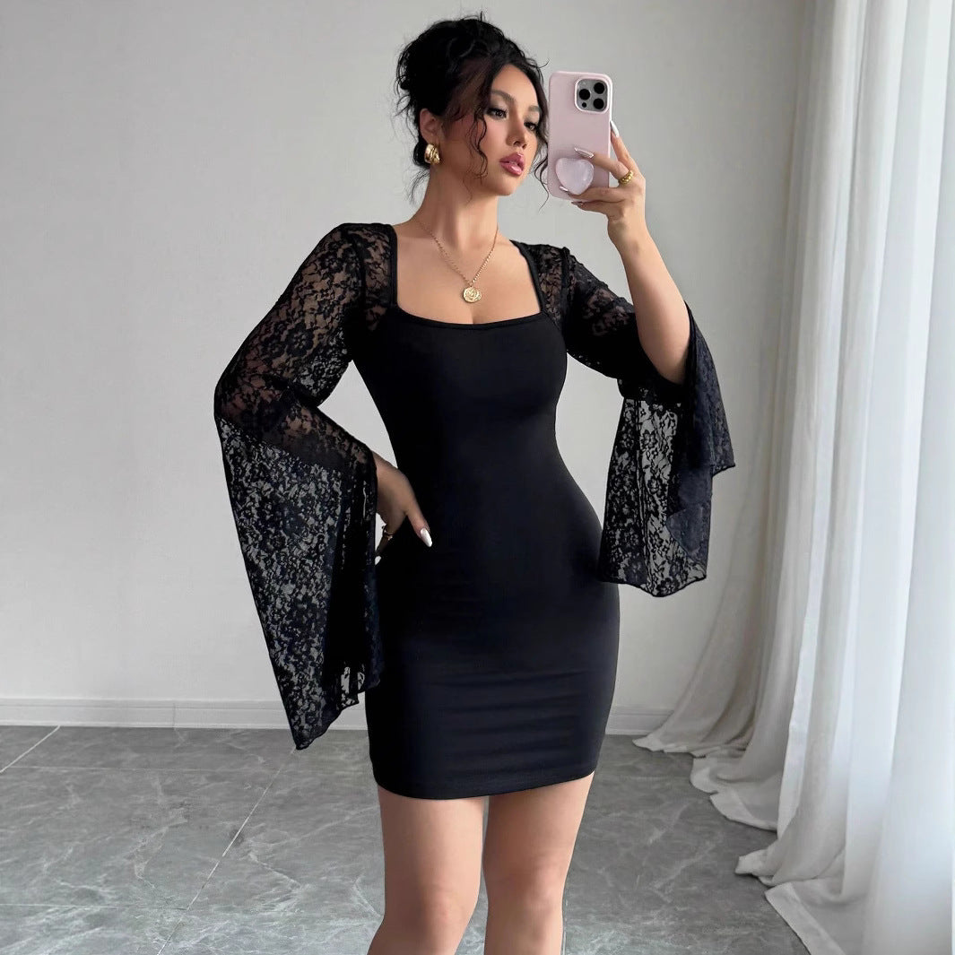 Bell Sleeve Split Solid Color Lace Stitching Square Collar Hip Dress