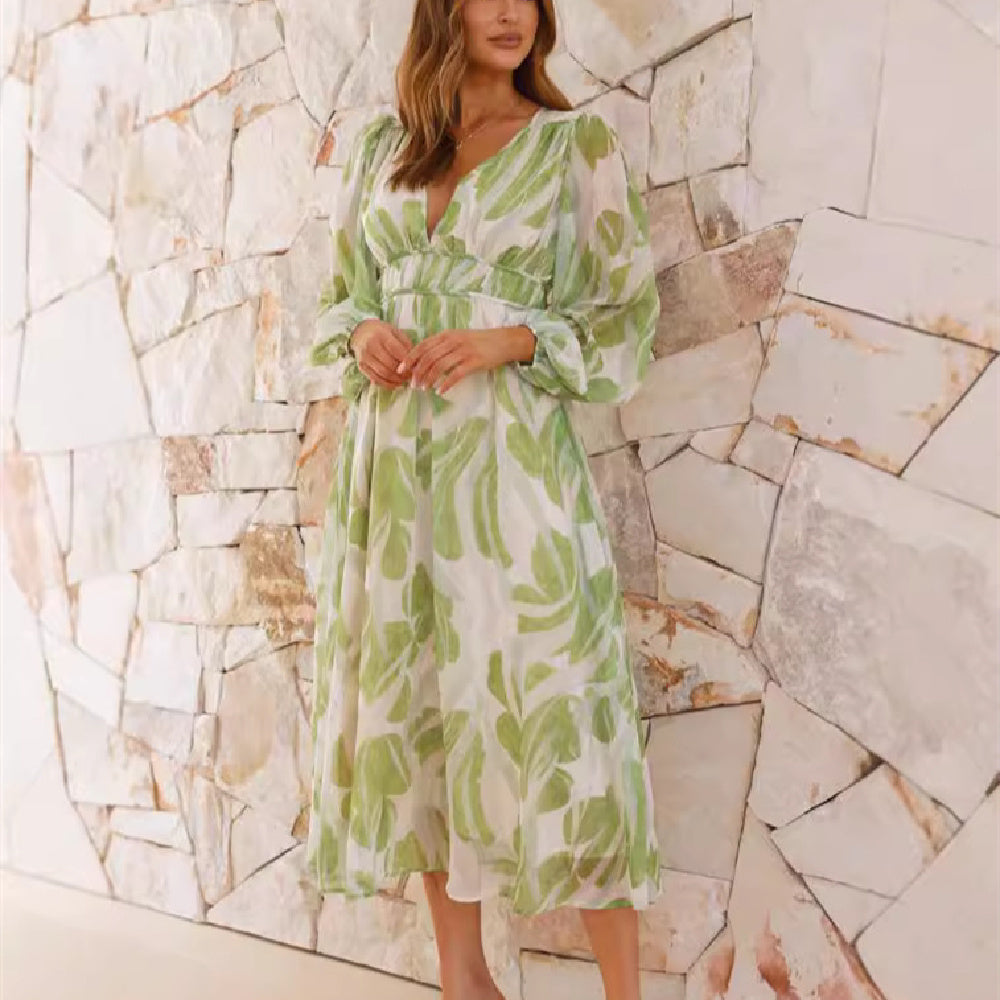 Robe en mousseline imprimée, col en V, tulle floral, manches longues