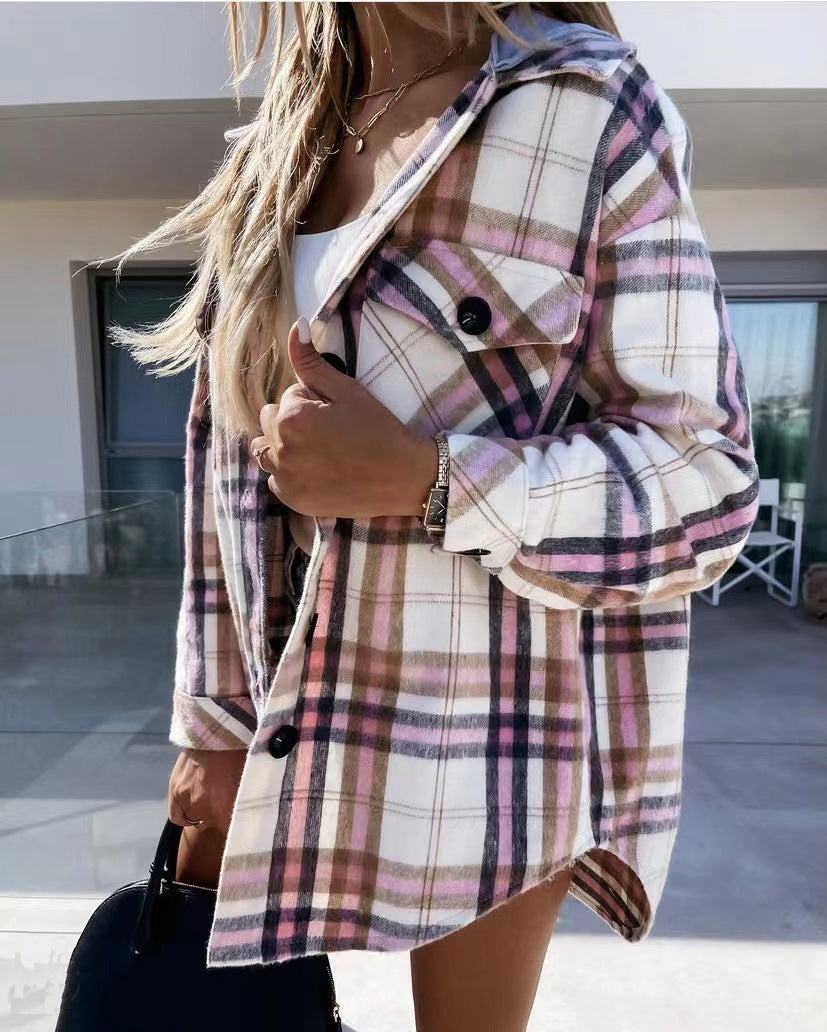 Women's Fashion Hooded Woolen Plaid Coat