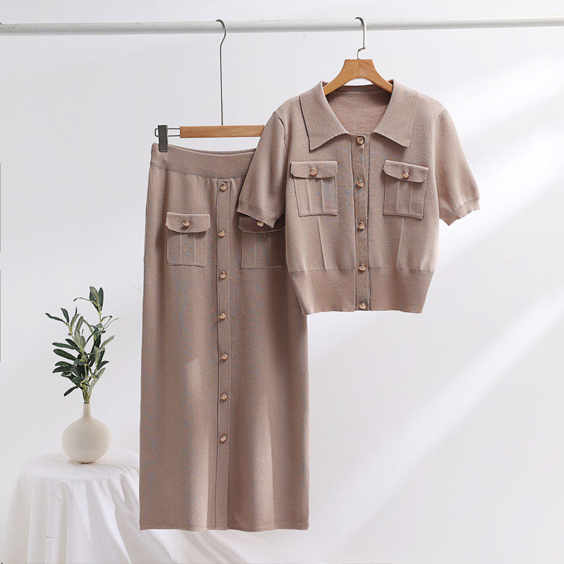 Women's New Polo Collar Sweater With Short Sleeves Skirt Knitted Two-piece