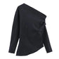 Winter New Shoulder Asymmetric Fold Slim Shirt Top For Women