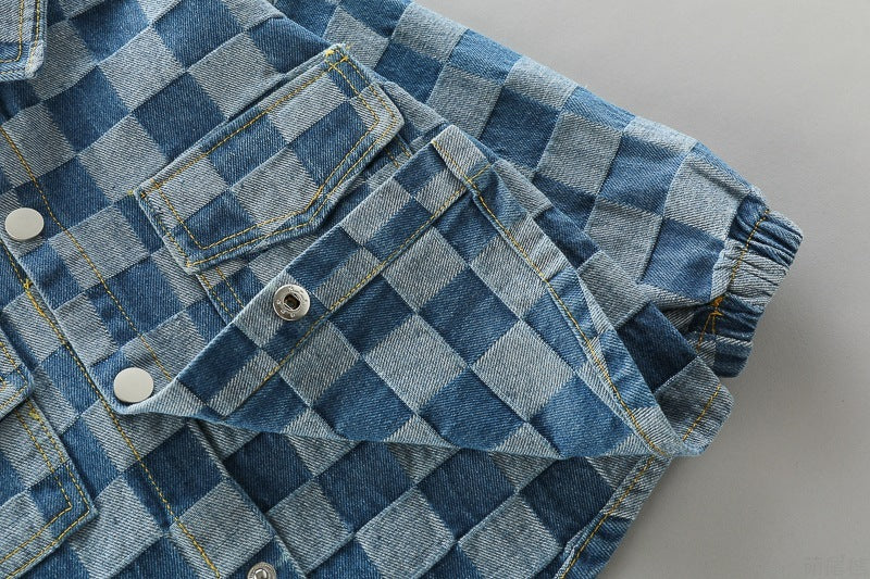 Combinaison à carreaux avec double poche et revers, pantalon à manches longues et salopette pour enfant