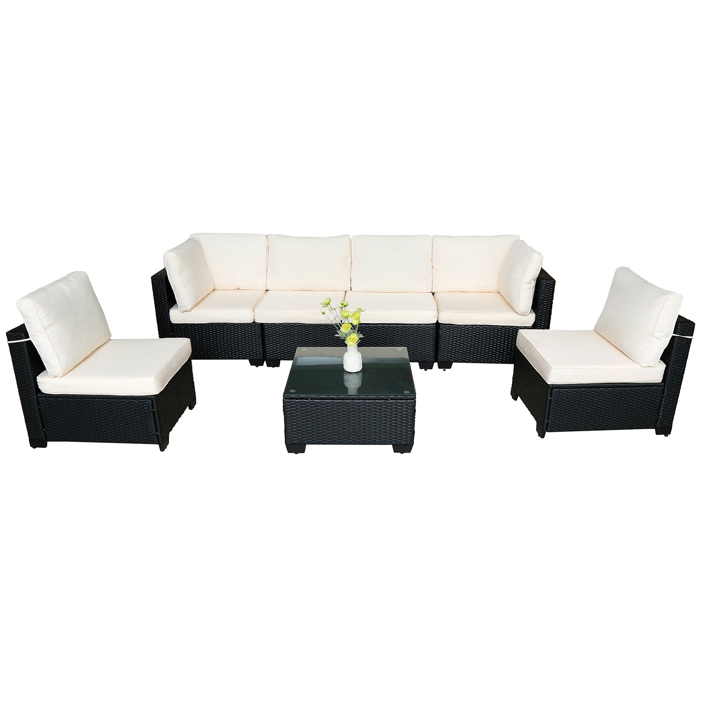 Selling Seven-Piece Sofa Set Table With Sofa Chair Black PE Rattan Outdoor New Design Furniture 7-JH002 Box 3-1-2-3 With White Color Cushion