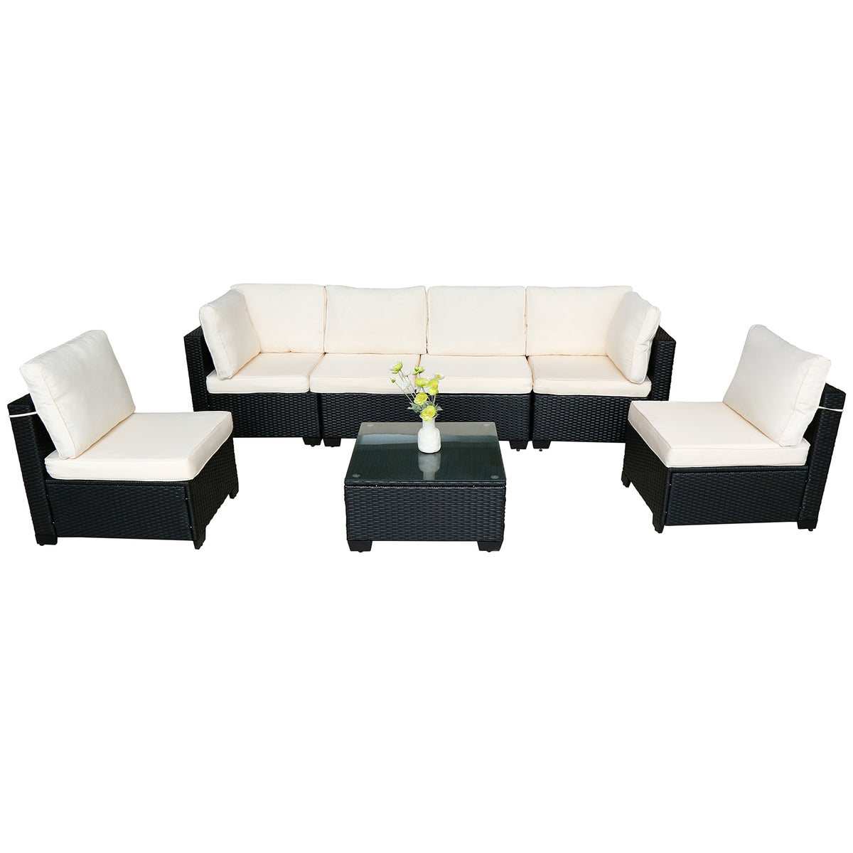 Selling Seven-Piece Sofa Set Table With Sofa Chair Black PE Rattan Outdoor New Design Furniture 7-JH002 Box 3-1-2-3 With White Color Cushion
