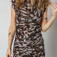 Brown Abstract Print Mesh Cowl Neck Cap Sleeve Ruched Midi Dress With Slit