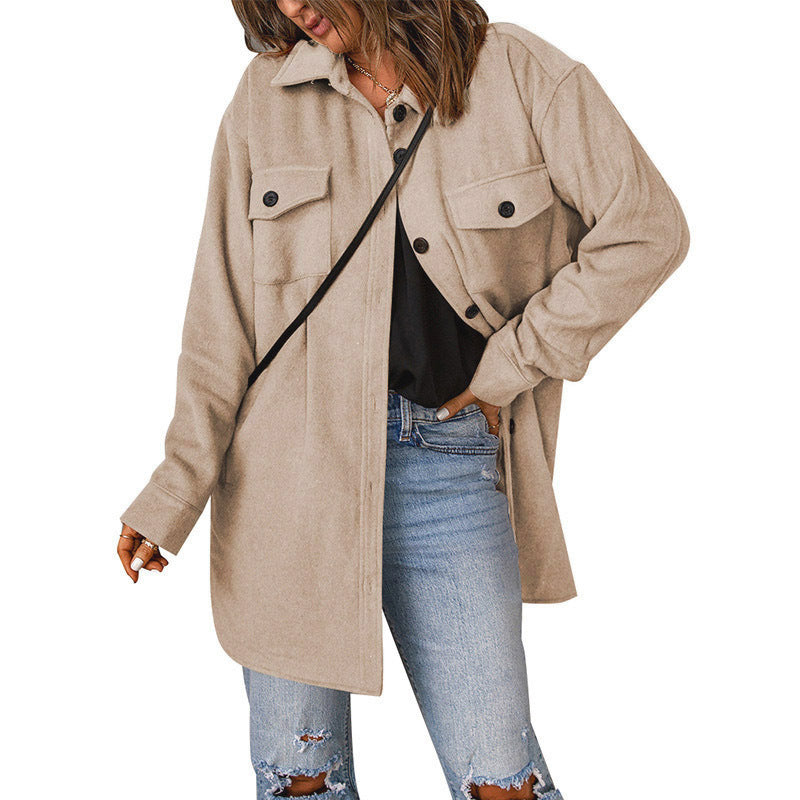 Women's Corduroy Solid Color Single Breasted Casual Lapel Woolen Jacket