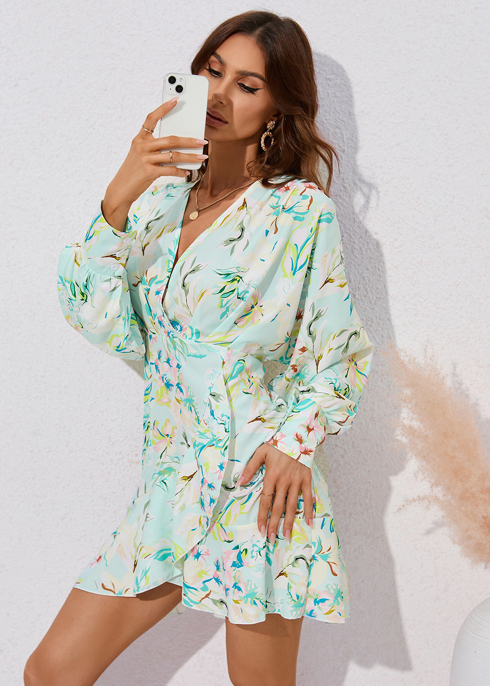 Women's Fashionable Simple Flower Printed Waist-controlled Long Sleeve Dress