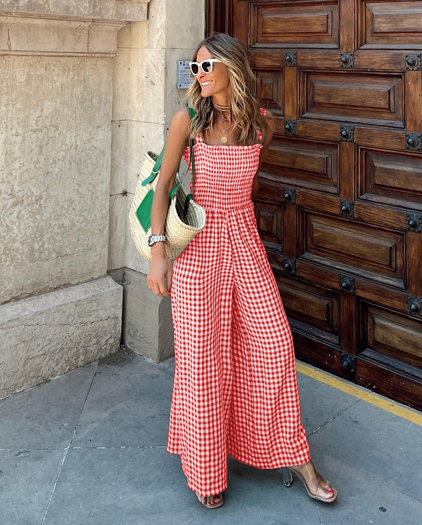 Summer Elegant Women's Trousers Plaid Jumpsuit Mid-waist Casual Pants
