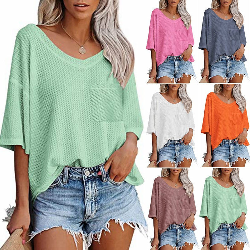 Women's Temperament Fashion V-neck Pocket Short-sleeved T-shirt