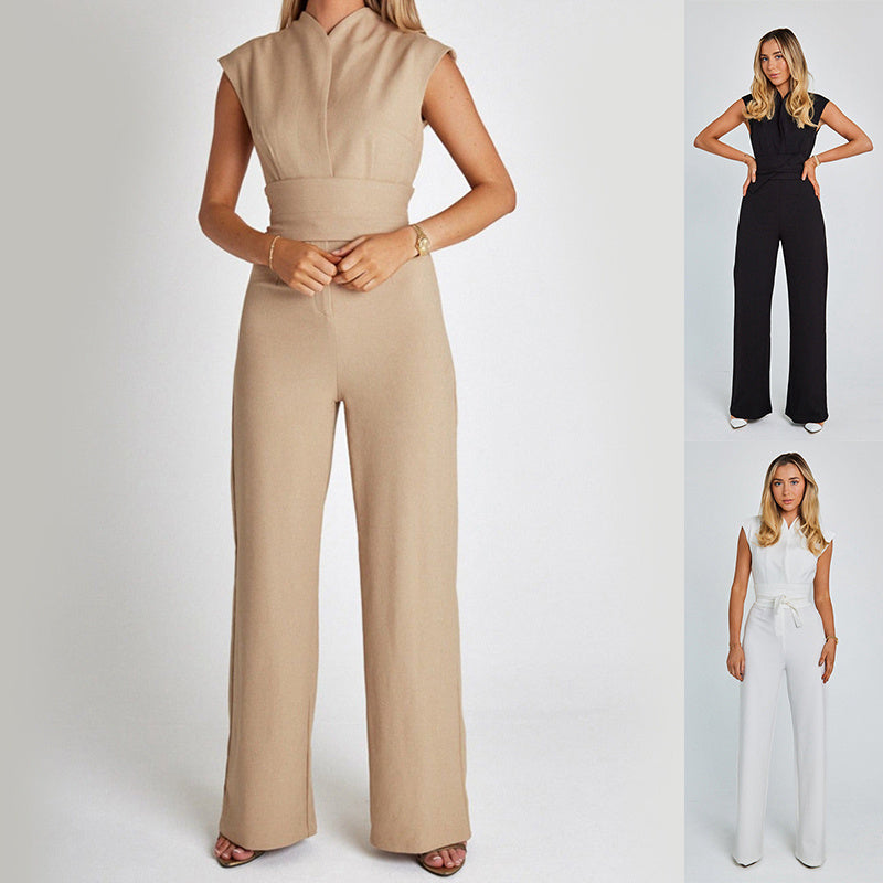 Combinaison longue élégante sans manches, col en V, décontractée, jambes larges, vêtements d'été pour femmes