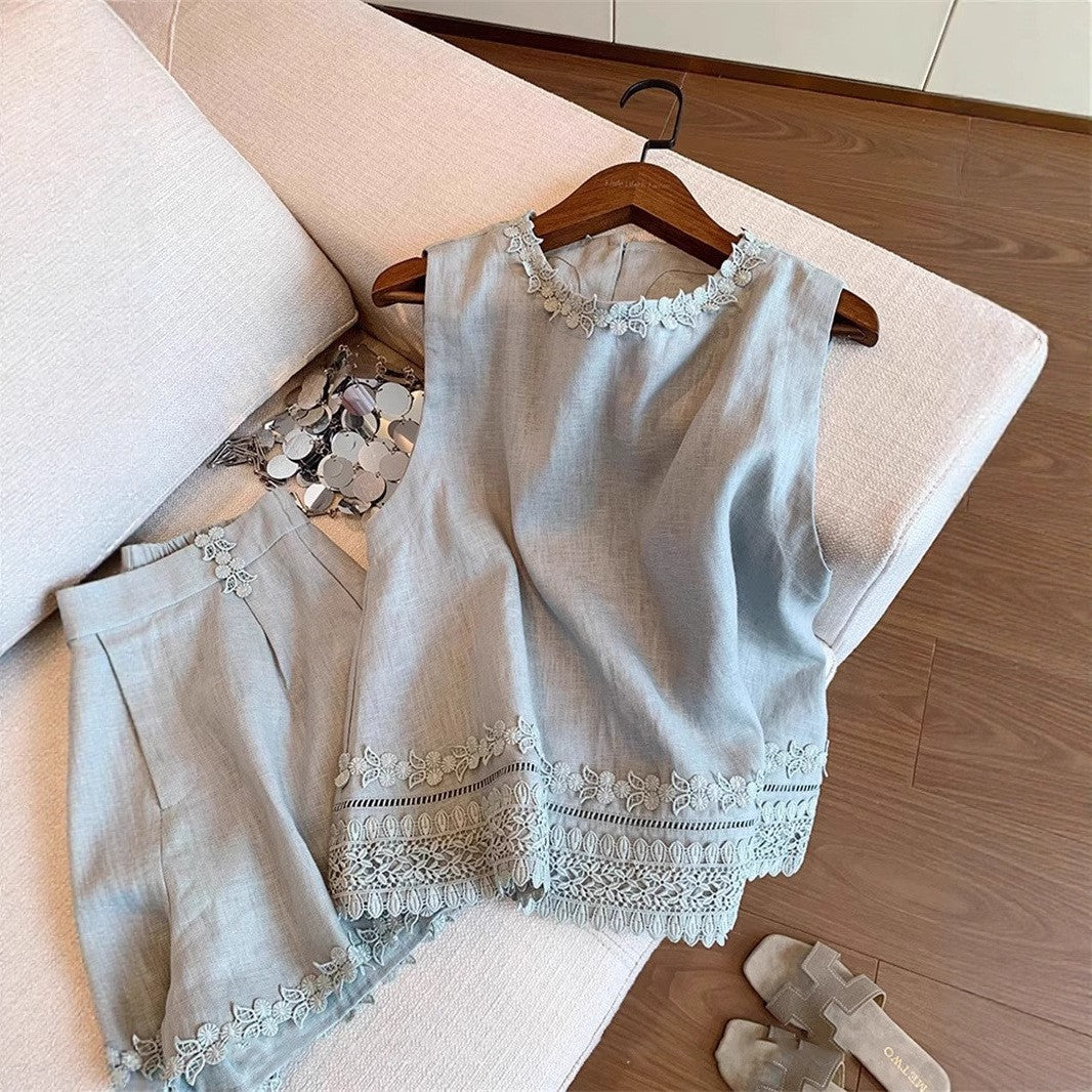 Blue 3D Lace Embroidered Linen Two-Piece Set