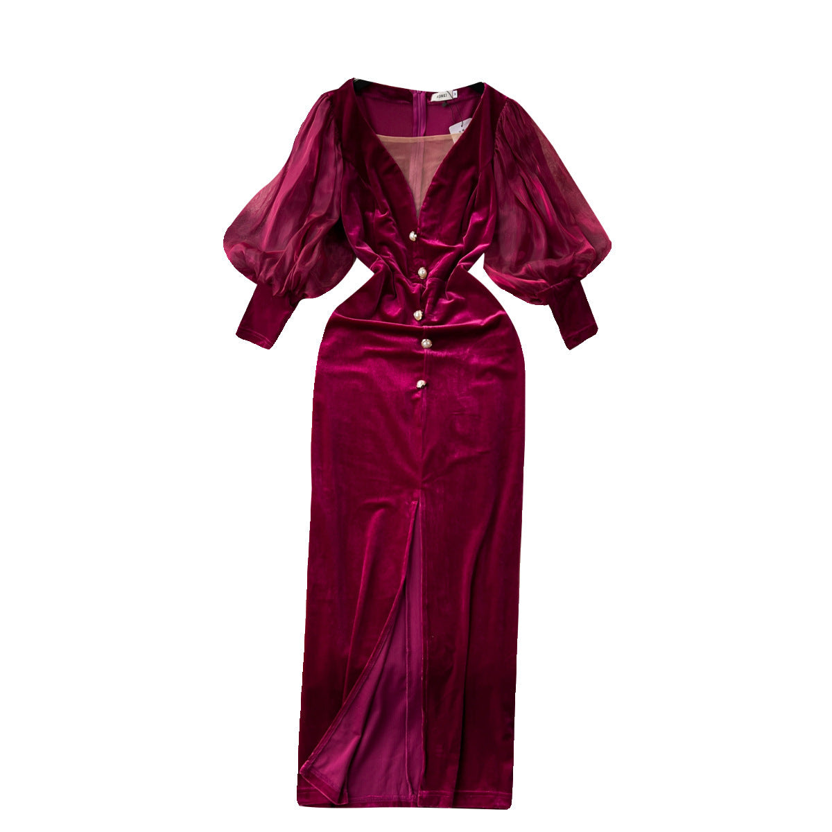 Robe en velours vintage haut de gamme abordable de luxe, niche, manches lanternes, slim, mi-longue, fendue, longueur genou, style tribunal