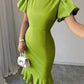 Round Neck Lantern Sleeve Ruffled Elegant Fishtail Skirt