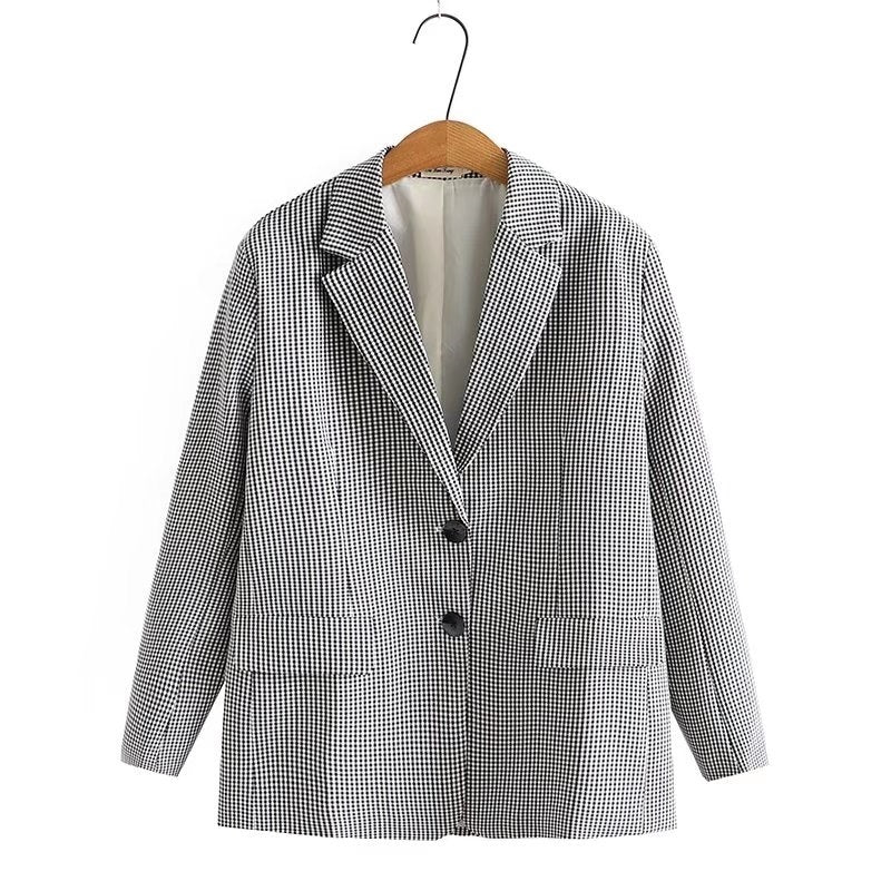 Veste de costume slim décontractée à carreaux rétro pour femme, grande taille