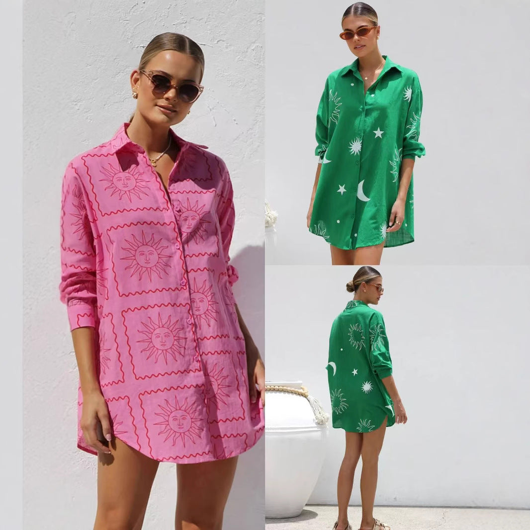 Women's Fashionable Loose Casual Cardigan Dress With Print And Lapel