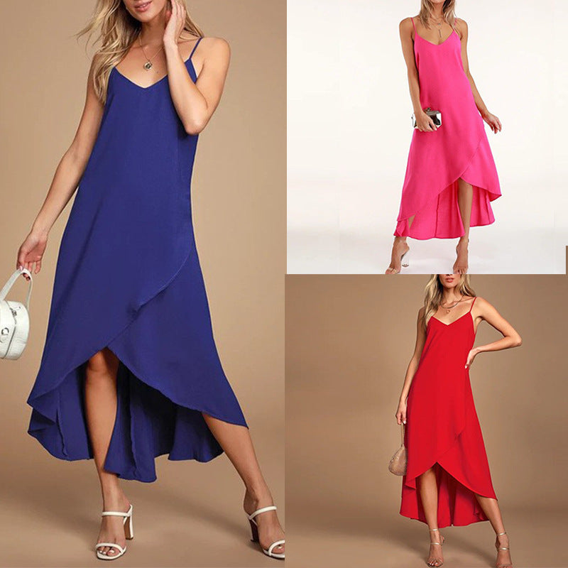 Fashionable Women's Suspender Lotus Leaf Dress