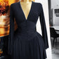 French-style Womens Pleated V-neck Long-sleeve Dress
