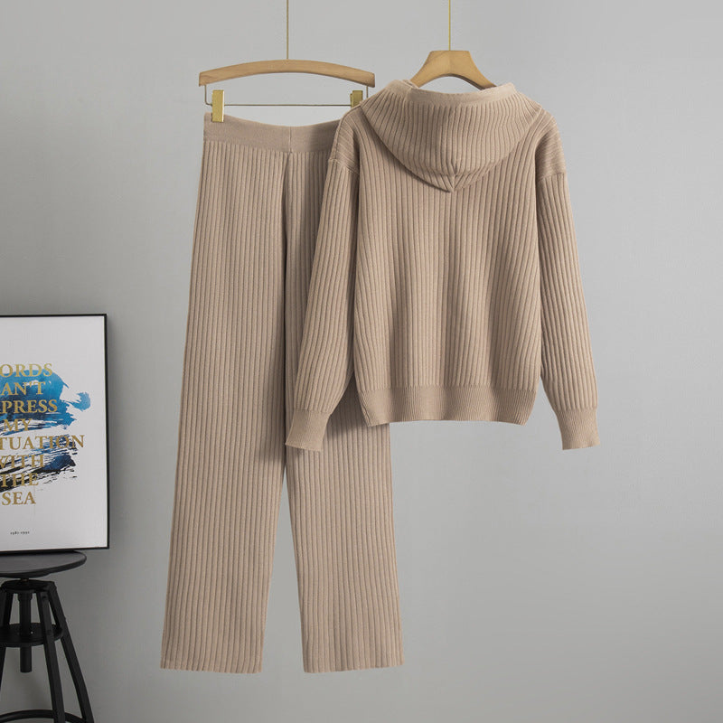 Hooded Knitted Sweater Set With Ribbed Detailing Casual Outfit