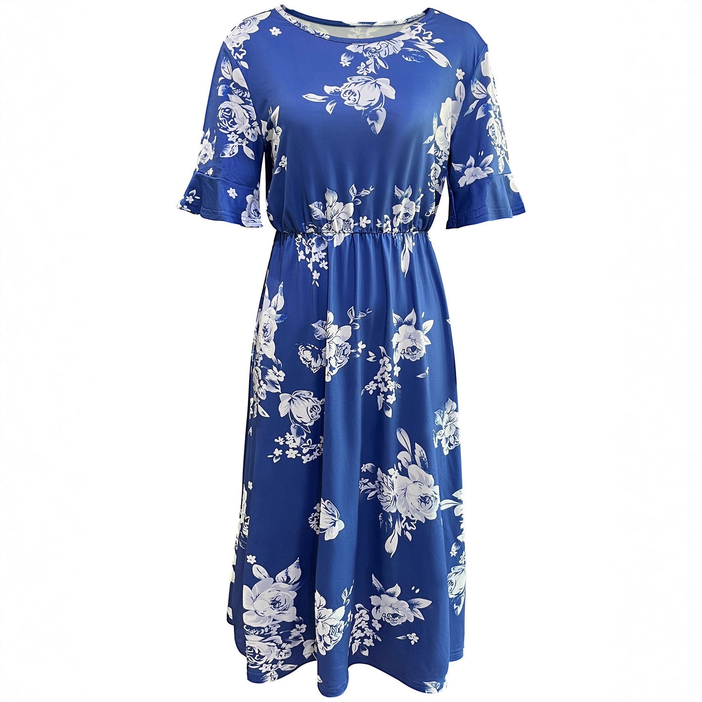 Fashionable Cinched Waist Round Neck Short-sleeve Printed Dress