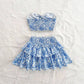 Blue Printing Tube Top Short Skirt Suit