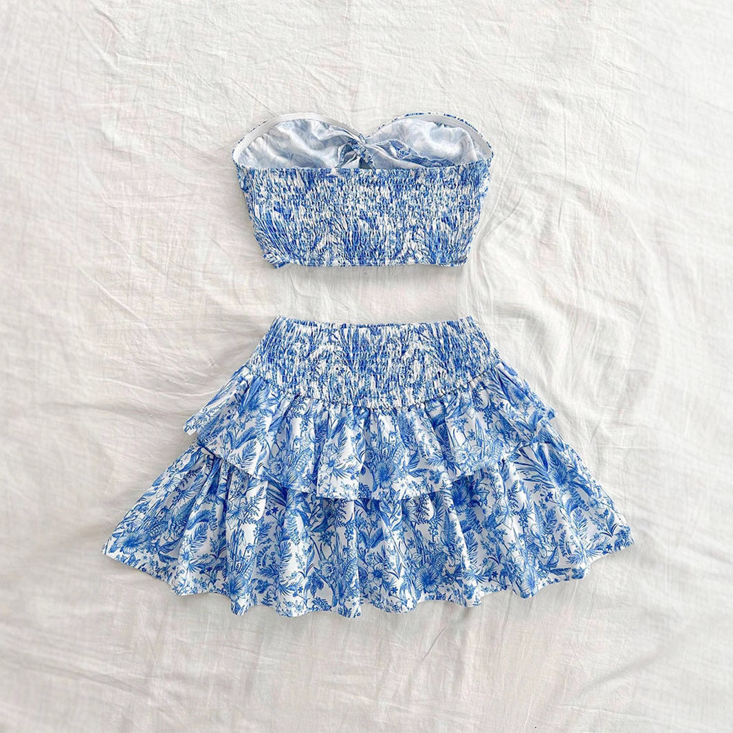 Blue Printing Tube Top Short Skirt Suit