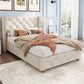Upholstered Bed,Single Bed-3ft  90x190cm ,With Slatted Frame And Headboard, Button Upholstery, Rivet Upholstery, Wooden Legs, Linen, Beige