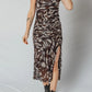 Brown Abstract Print Mesh Cowl Neck Cap Sleeve Ruched Midi Dress With Slit