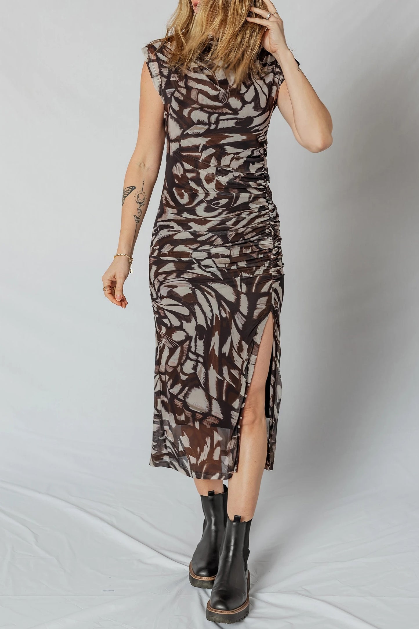 Brown Abstract Print Mesh Cowl Neck Cap Sleeve Ruched Midi Dress With Slit