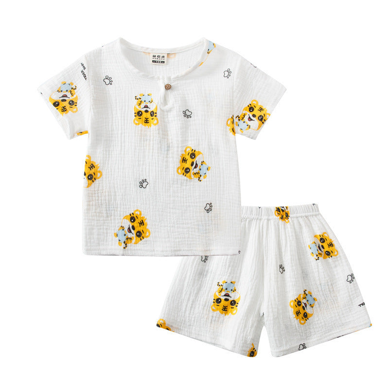 Cotton And Linen Short Sleeve Shorts Suit Round Neck Cartoon Printing