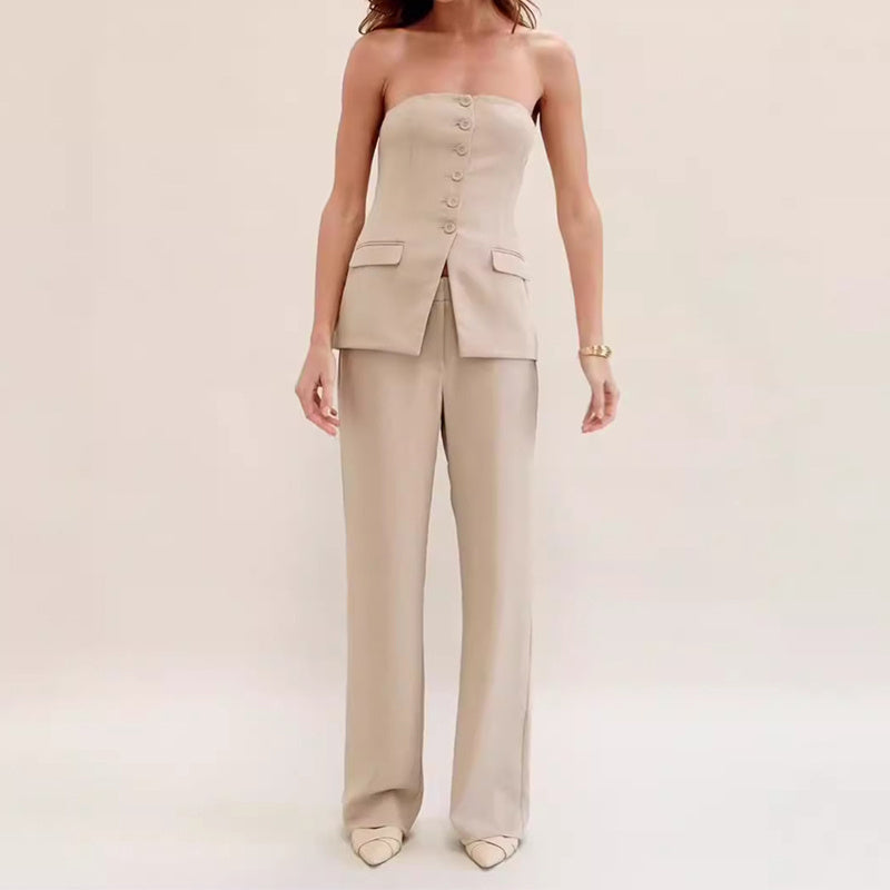 Graceful Tube Top Suit Fashion Button Sleeveless Top And Straight Pants Women's Trousers Set