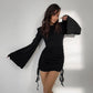 Robe tricotée à rayures noires pour femme, élégante, à manches évasées, taille haute, style européen et américain, automne et hiver