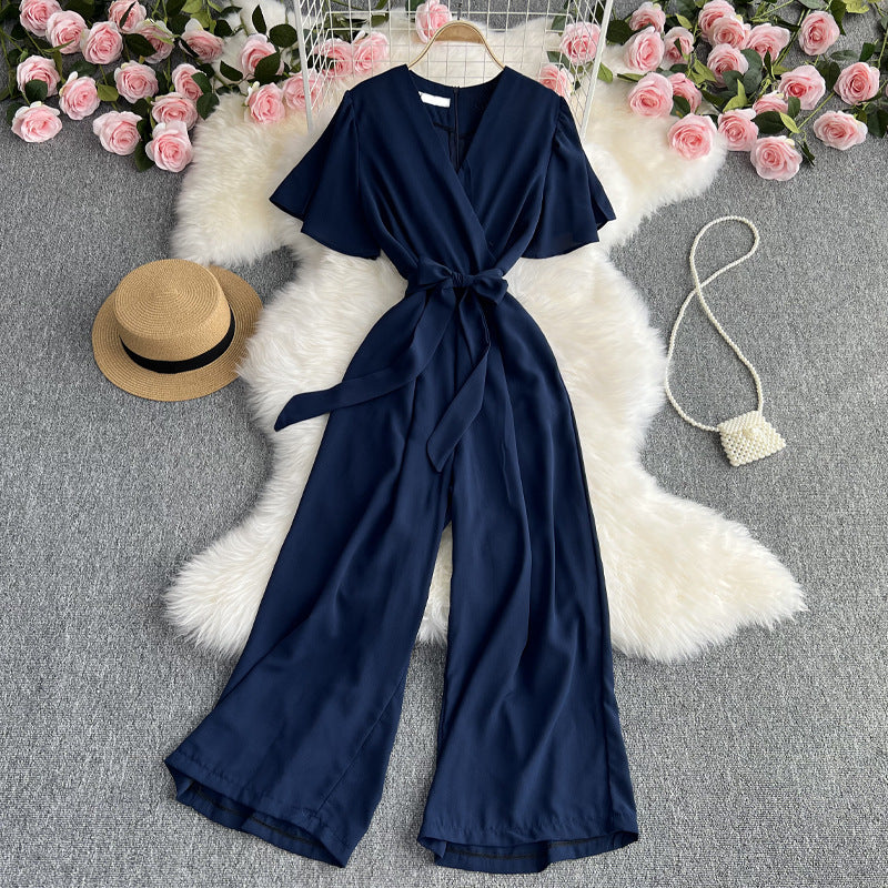 Combinaison à manches courtes et col en V, style rétro et tendance