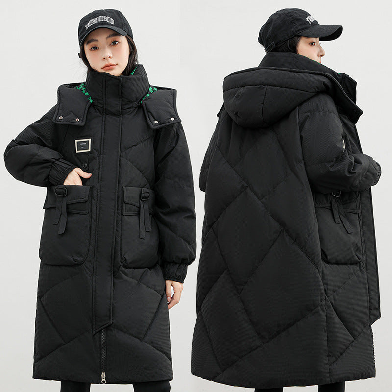 Manteau en coton avec chapeau amovible et doudoune rembourrée au-dessus du genou