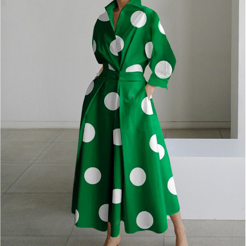 Fashionable Polo-neck Three-quarter-sleeve Loose-fit Flared Maxi Dress